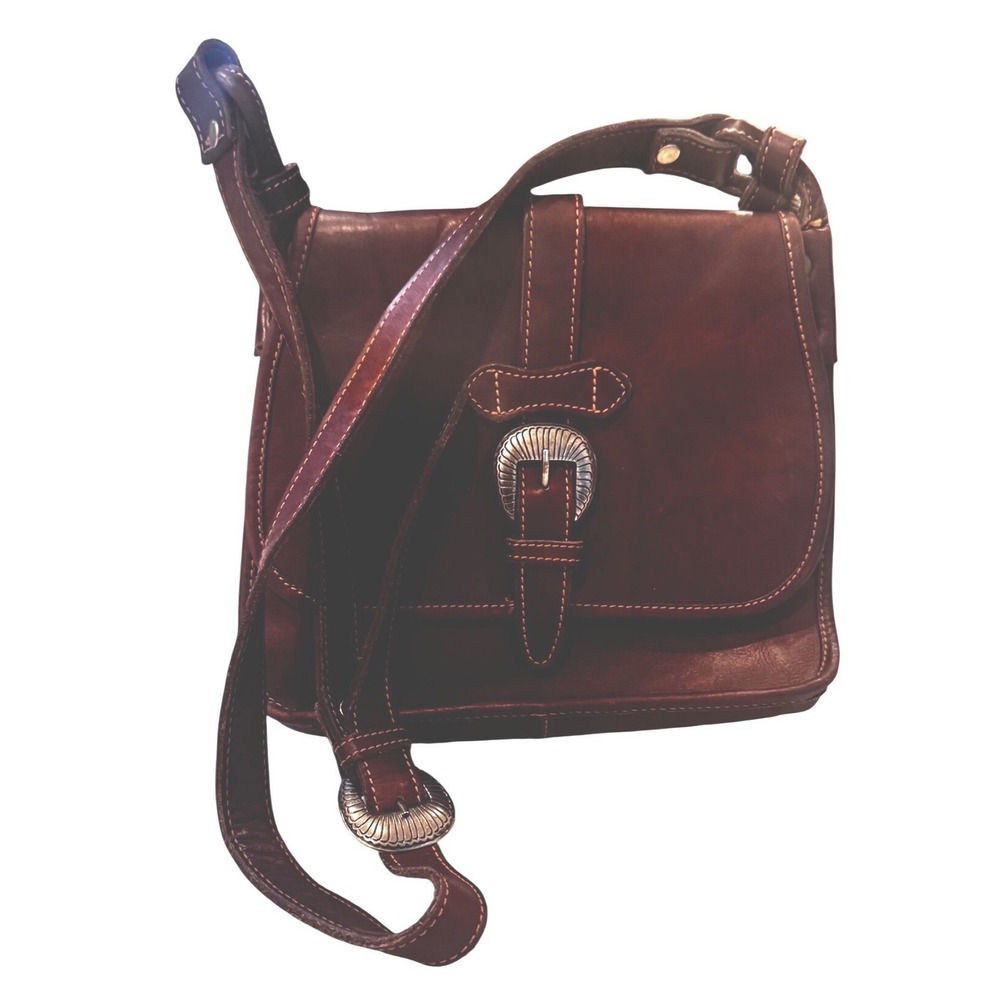 Frye Brown Leather Western Crossbody Saddle Bag Silver Tone Buckle 9.5x10x4" EUC